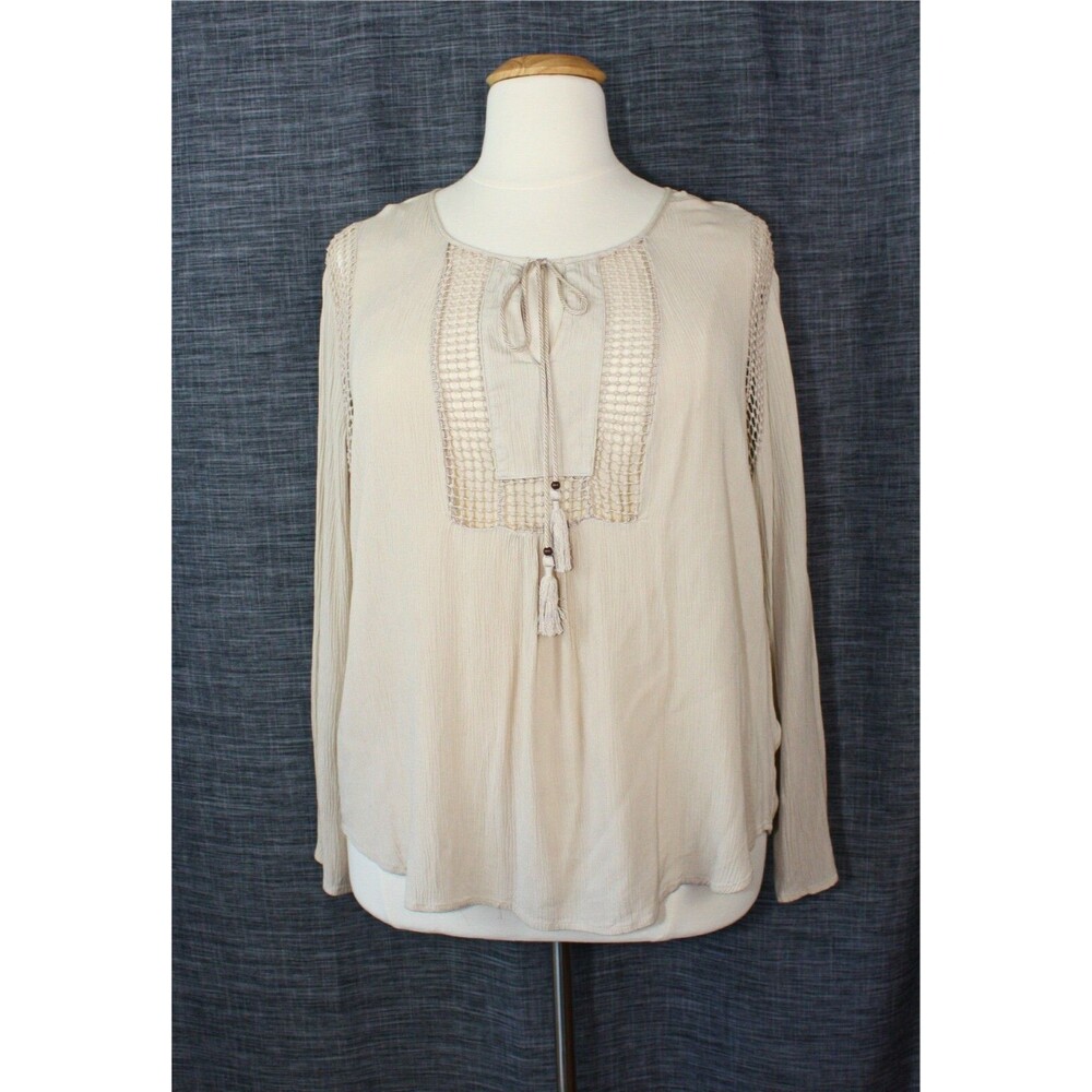 JOSEPH A Casual Tunic Top XXL Long Sl. Peasant BOHO Light Beige Lace Tassels #02
